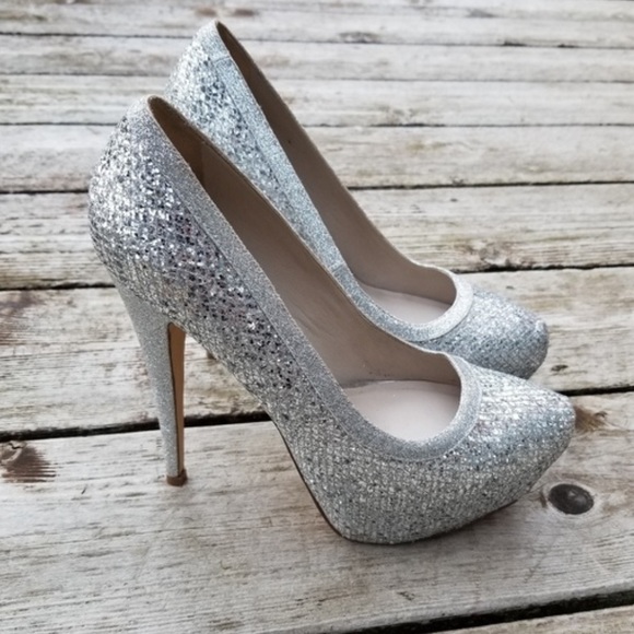 silver glitter platform pumps